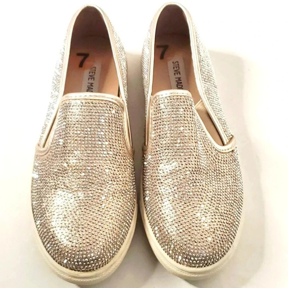 Steve Madden  Champagne Rinestone Slip on Platform Flat Sneaker Sz 7 US - Picture 3 of 8